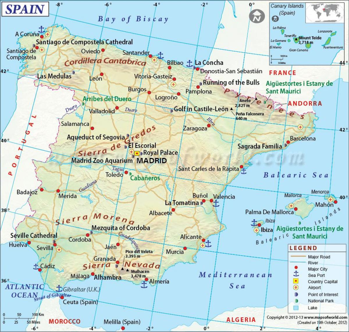 carte de l'Espagne montrant les principales villes