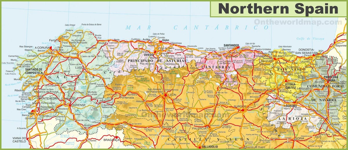 carte du nord de l'Espagne avec les villes