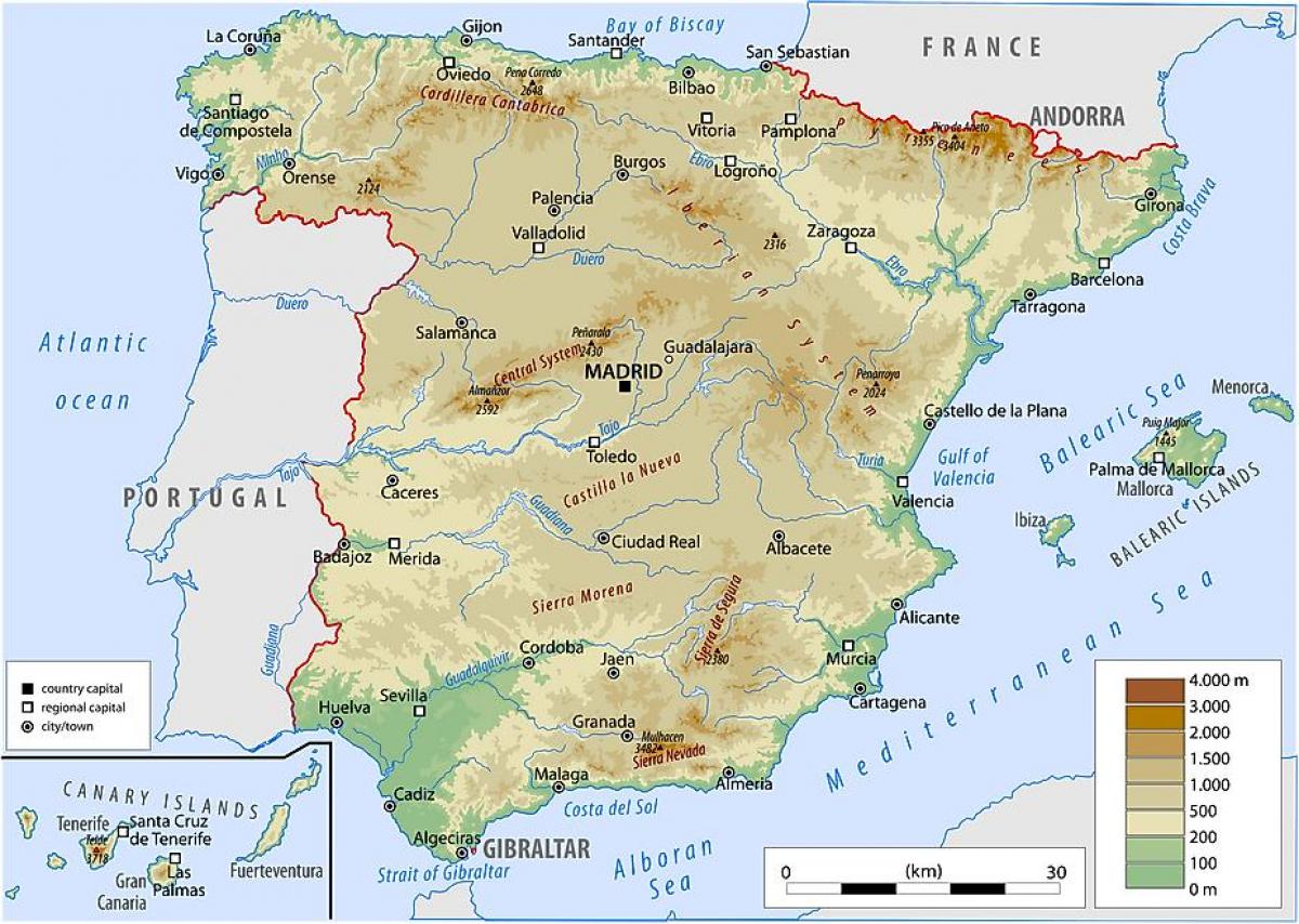 carte physique de l'Espagne