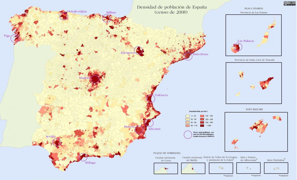 Espagne carte de la densité de la population