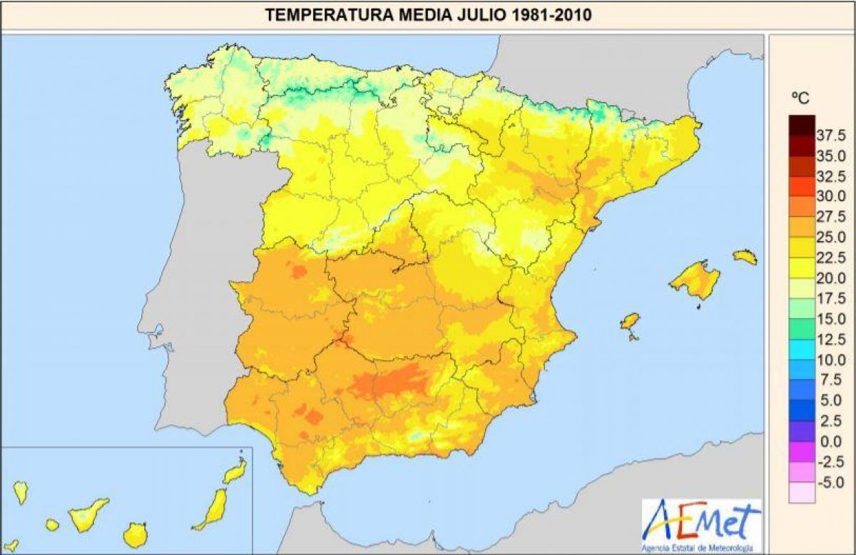 carte de l'Espagne de la température