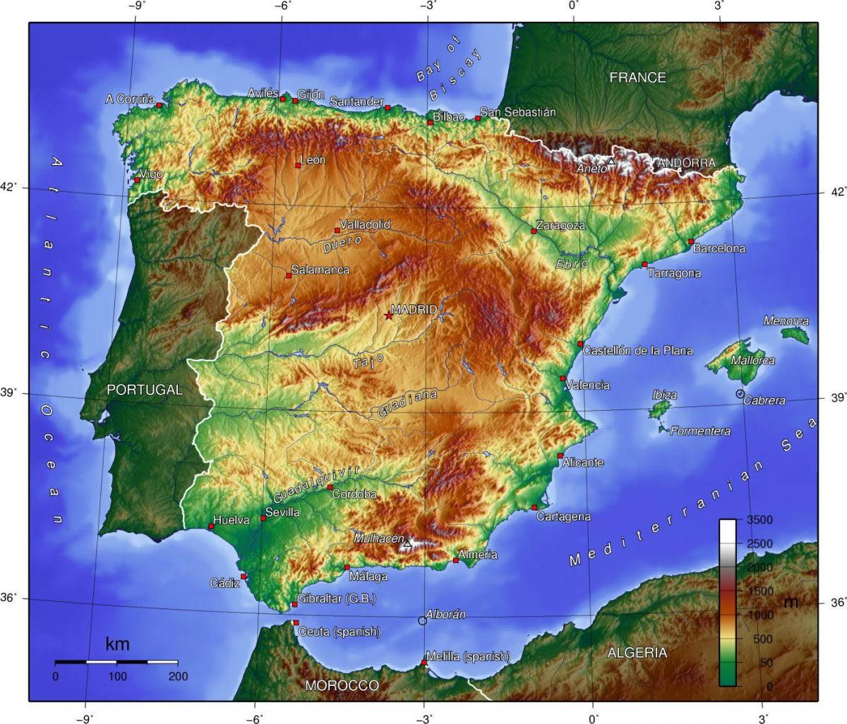 carte de géographie de l'Espagne