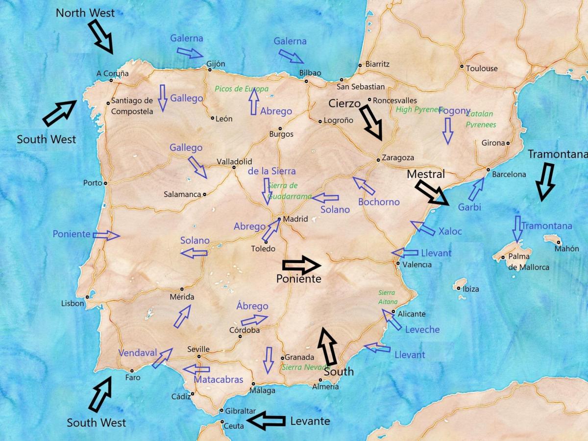 carte de l'Espagne vent